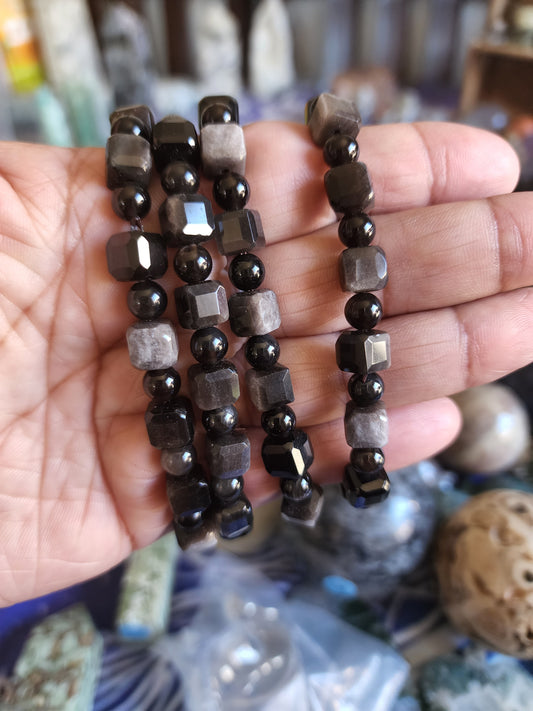 Silver black obsidian cube Bracelet